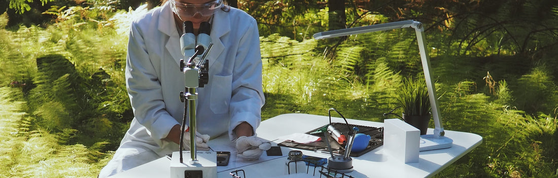 Scientist in a lab coat looking through a microscope while sitting at a desk outside surrounded by plants.